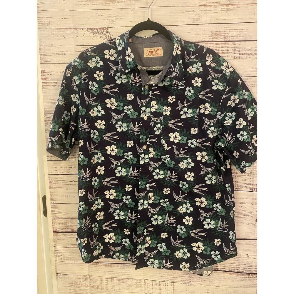 Jach's NY Hawaiian Floral bird Print Button Up Short Sleeve XL